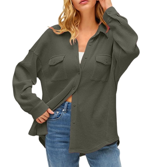 Womens Button Down Shirts Waffle Solid Color Lapel Collar Long Sleeved Tunic Blouses Stretch Comfy Loose Fit Tops with Pockets