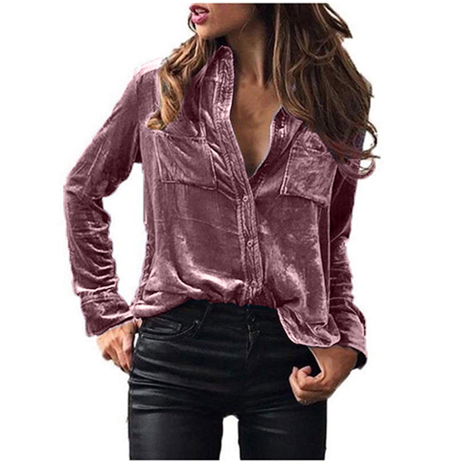 Womens Button Down Shirts Winter Autumn Velvet Tops Casual Long Sleeve ...