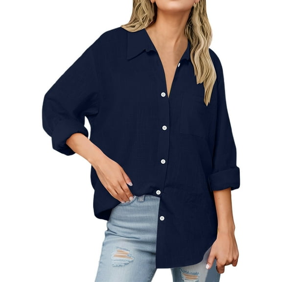 Womens Button Down Shirts with Pocket Novelty Solid Long Sleeved Lapel Collar V-Neck Blouses Stretch Comfy Loose Fit Tee Tops