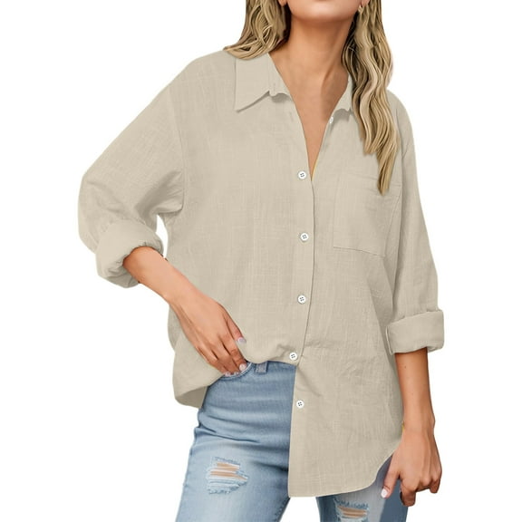 Womens Button Down Shirts with Pocket Novelty Solid Long Sleeved Lapel Collar V-Neck Blouses Stretch Comfy Loose Fit Tee Tops