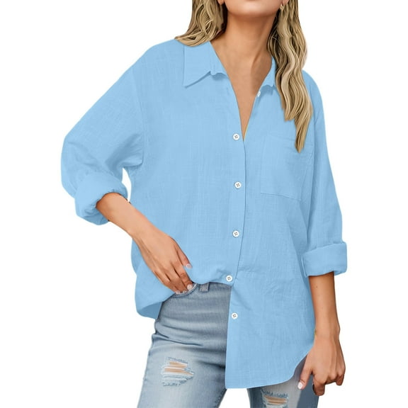 Womens Button Down Shirts with Pocket Novelty Solid Long Sleeved Lapel Collar V-Neck Blouses Stretch Comfy Loose Fit Tee Tops