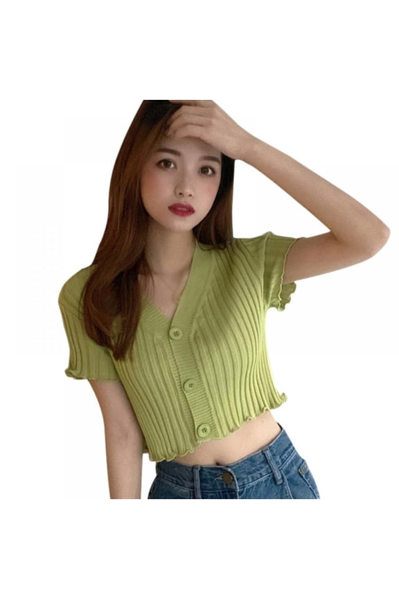 Womens Button Down Short Sleeve Cropped Cardigan Sweater Knitted Short Sleeved Cardigan