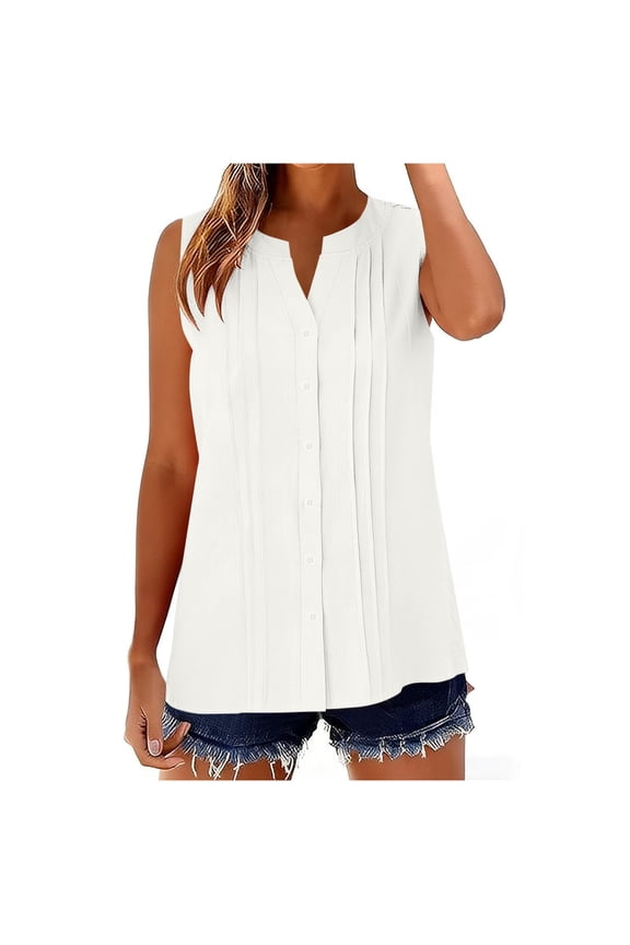 Womens Button Down Sleeveless Top, Pleated Front V-Neck Wrinkle Free Blouse Casual Shirt, White,Size L