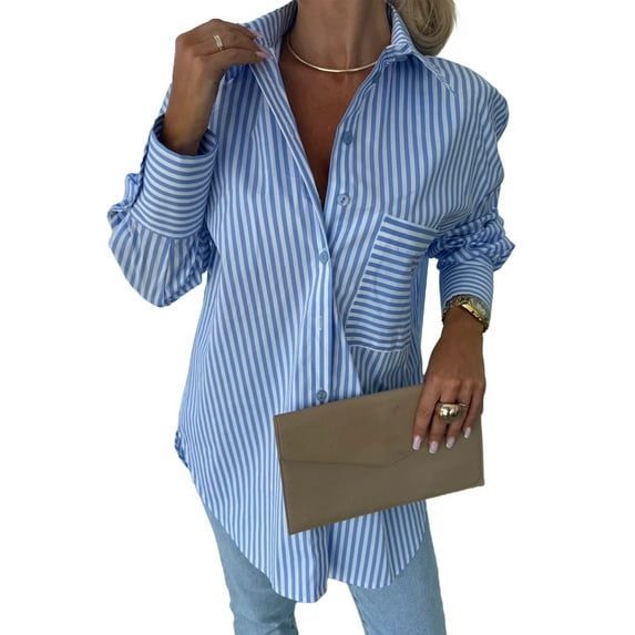 Womens Button Down Striped Shirts Long Sleeve Casual Collared Office Business Work Spring Blouses Tops Blue L