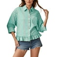 thumbnail image 1 of Womens Button Down Striped Shirts Peplum Ruffle Hem 3/4 Sleeve Casual Loose Blouse Tops Green L, 1 of 3