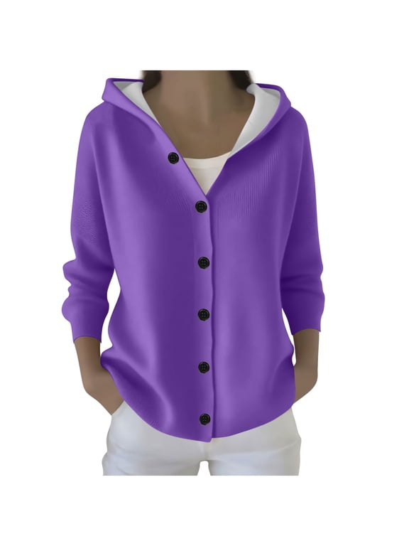 Womens Button Down Sweater Cardigan with Hood Loose Fit Soft Casual Ribbed Knit Jacket Hooded Fall Outerwear (L, Purple)