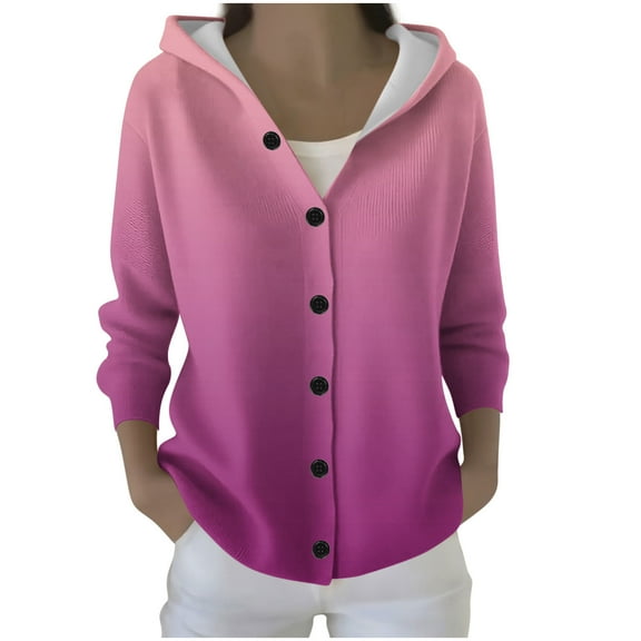 Womens Button Down Sweater Cardigan with Hood Loose Fit Soft Casual Ribbed Knit Jacket Hooded Fall Outerwear (M, Hot Pink|Gradient)