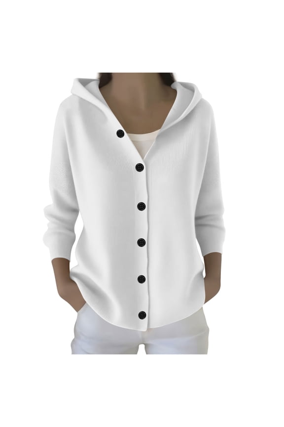 Womens Button Down Sweater Cardigan with Hood Loose Fit Soft Casual Ribbed Knit Jacket Hooded Fall Outerwear (M, White)