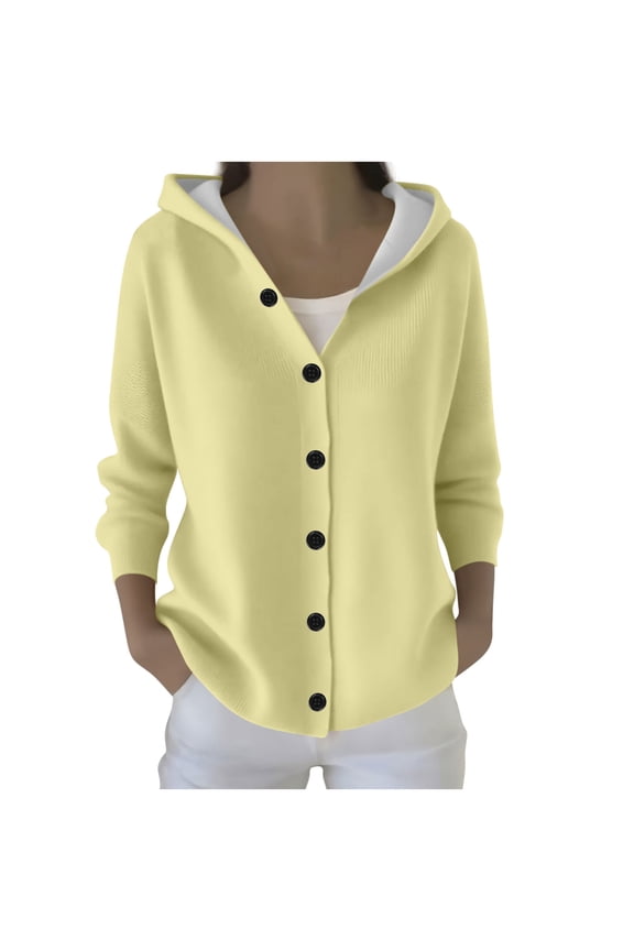 Womens Button Down Sweater Cardigan with Hood Loose Fit Soft Casual Ribbed Knit Jacket Hooded Fall Outerwear (S, Yellow)