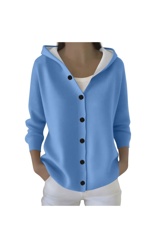 Womens Button Down Sweater Cardigan with Hood Loose Fit Soft Casual Ribbed Knit Jacket Hooded Fall Outerwear (XL, Blue)