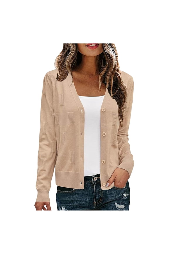 Womens Button Down Sweater Cardigans Lightweight Casual Soft Long Sleeve V Neck Sweaters Cropped Fall Coats (XL, Beige)