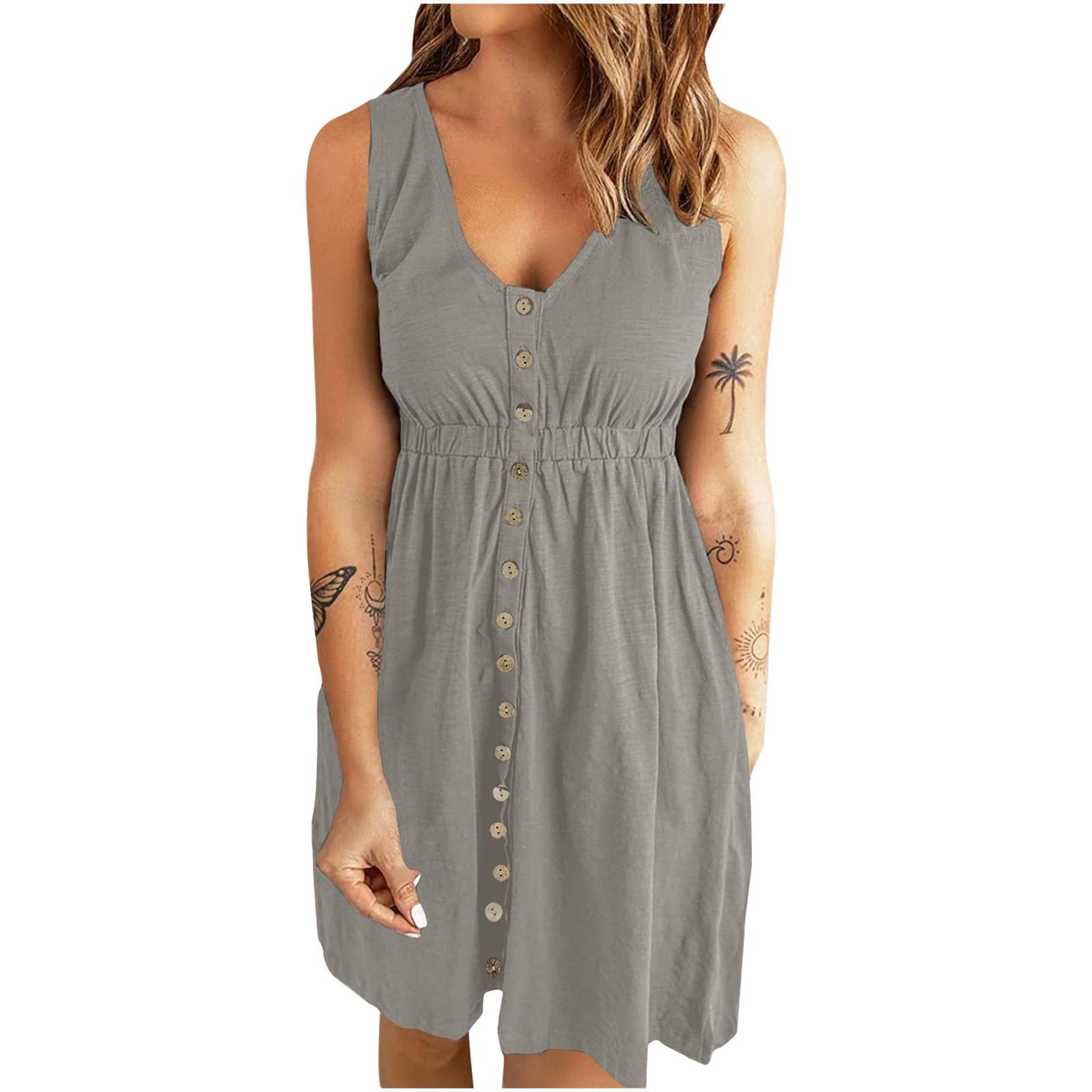 Womens Button Down Tank Top Mini Dresses Sleeveless V Neck Casual Summer Workout Clothes Elastic Short Dress Large Gray