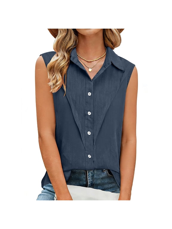 Womens Button Down Tank Tops Plus Size Collared Summer Blouses Sleeveless Business Casual Shirts( Navy, 4XL )