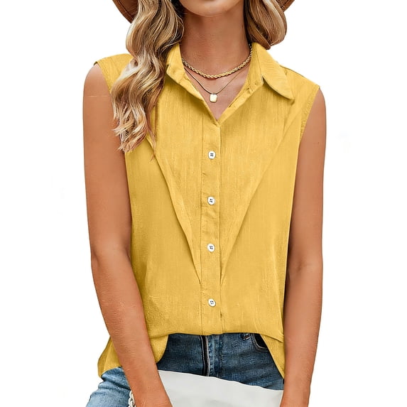 Womens Button Down Tank Tops Plus Size Collared Summer Blouses Sleeveless Business Casual Shirts( Yellow, 3XL )