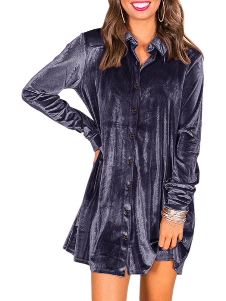 Womens Button Down Tunic Shirts Long Sleeve Boyfriend Velvet Mini