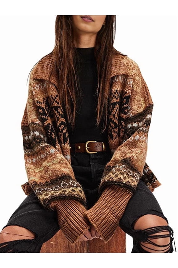 Womens Button Down Ugly Knit Cardigan Long Sleeve Retro Snowflake Floral Print Casual Knitwear Reddish Brown L