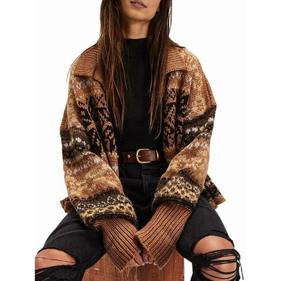 Womens Button Down Ugly Knit Cardigan Long Sleeve Retro Snowflake Floral Print Casual Knitwear Reddish Brown S