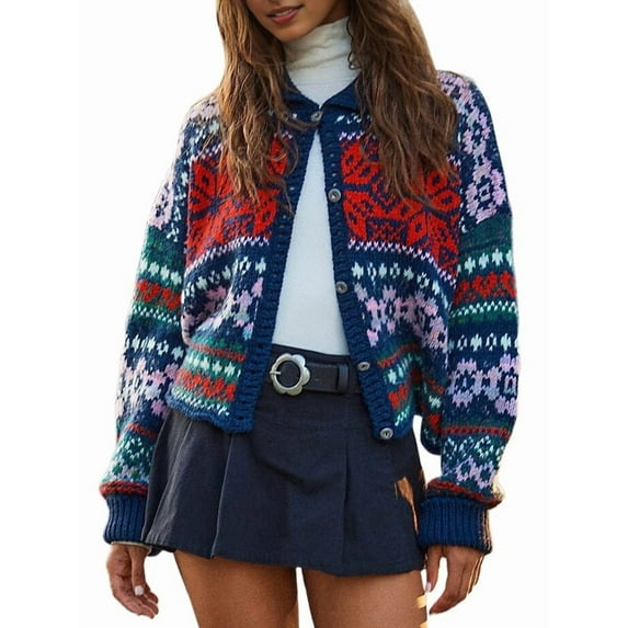 Womens Button Down Ugly Knit Cardigan Long Sleeve Retro Snowflake Floral Print Open Front Sweater Coat Casual Knitwear Blue S