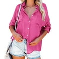 thumbnail image 1 of Womens Button Down V Neck Denim Shirts Long Sleeve Blouse Roll Up Cuffed Sleeve Casual Work Plain Tops with Pockets, 1 of 8