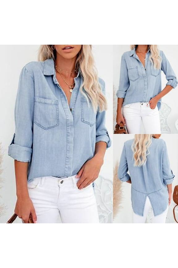 Womens Button Down V Neck Denim Shirts Long Sleeve Blouse Roll Up Cuffed Sleeve Casual Work Plain Tops with Pockets
