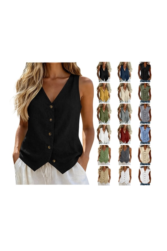 Womens Button Down Vest Summer Sleeveless Tank Tops Solid Color V Neck Casual Vest Vacation Boho Tank Top