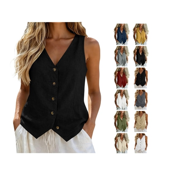 Womens Button Down Vest Summer Sleeveless Tank Tops Solid Color V Neck Casual Vest Vacation Boho Tank Top