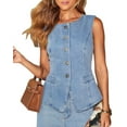 thumbnail image 1 of Womens Button Down Vest Tops Sleeveless Fitted Jean Tank Tops Summer Casual Waistcoat Blue vest M, 1 of 8