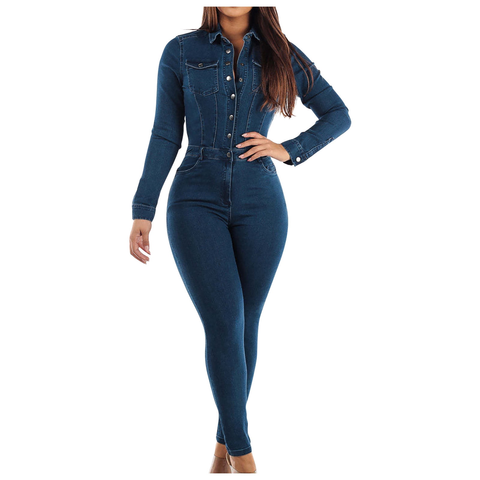 Womens Button Front Dark Wash Sustainable Stretch Denim Straight Leg Jumpsuits Fashion Pockets Playsuits Denim Daily High Waisted Long Sleeve Rompers