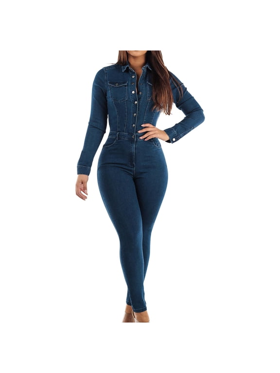 Womens Button Front Dark Wash Sustainable Stretch Denim Straight Leg Jumpsuits Fashion Pockets Playsuits Denim Daily High Waisted Long Sleeve Rompers
