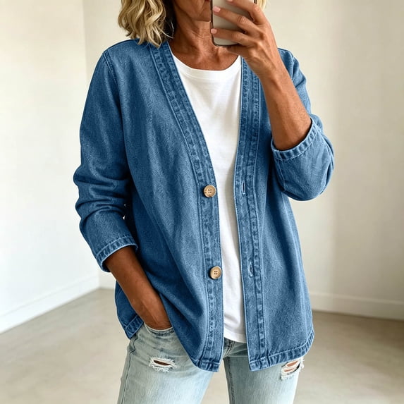Womens Button Front Denim Jacket Classic Relaxed Fit Lightweight Stretch Long Sleeve Cardigan Coat Light Blue M