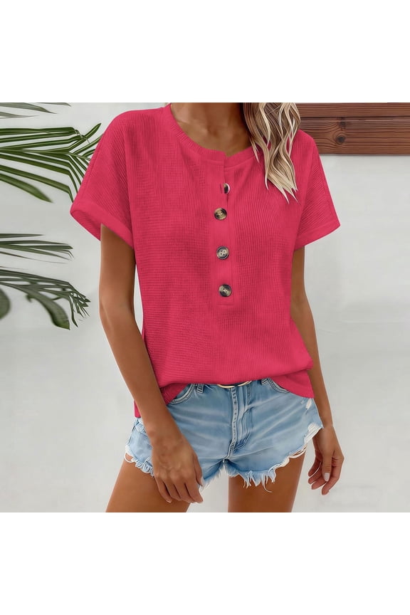 Womens Button Front Knit Top Short Sleeve Ribbed Shirt, Relaxed Fit High Low Hem Casual Tee, Hot Pink,Size M