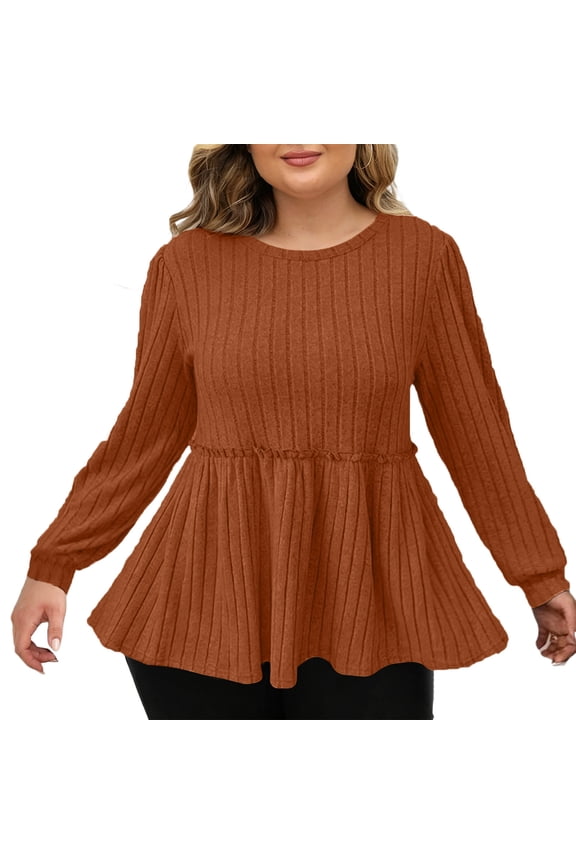 Womens Button Front Shir Comfy Women's Ribbed Long Sleeve Tops, Crew Neck Waist Cinched Peplum Tops, Slim Fits Pullover Sweater Tops XXL