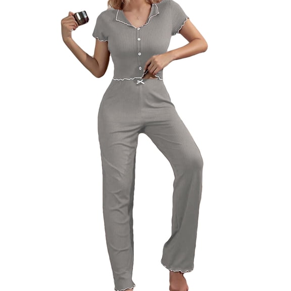 Womens Button Front V Neck Short Sleeve Top and Pants Set