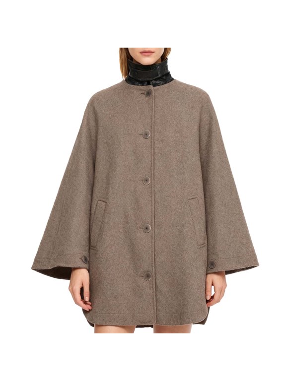 Womens Button Down Poncho Jacket PU Leather High Neck Oversized Bell Sleeves Warm Pea Coat Outerwear with Pockets for Daily Travel Fall Fashion, Gray, S