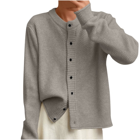 Womens Button Round Neck Knitted Sweater Jacket Long Sleeved Hoodless Casual Coat Jacket