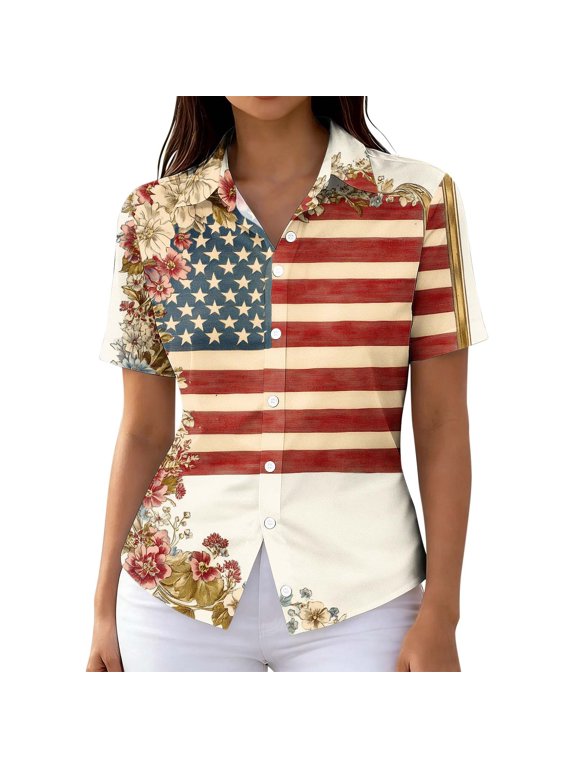 Womens Button Satin Tunic Shirt American Flag Star And Stripe Patriotic Tops Summer Plus Size USA 250 Anniversary Tee A01_Multicolor