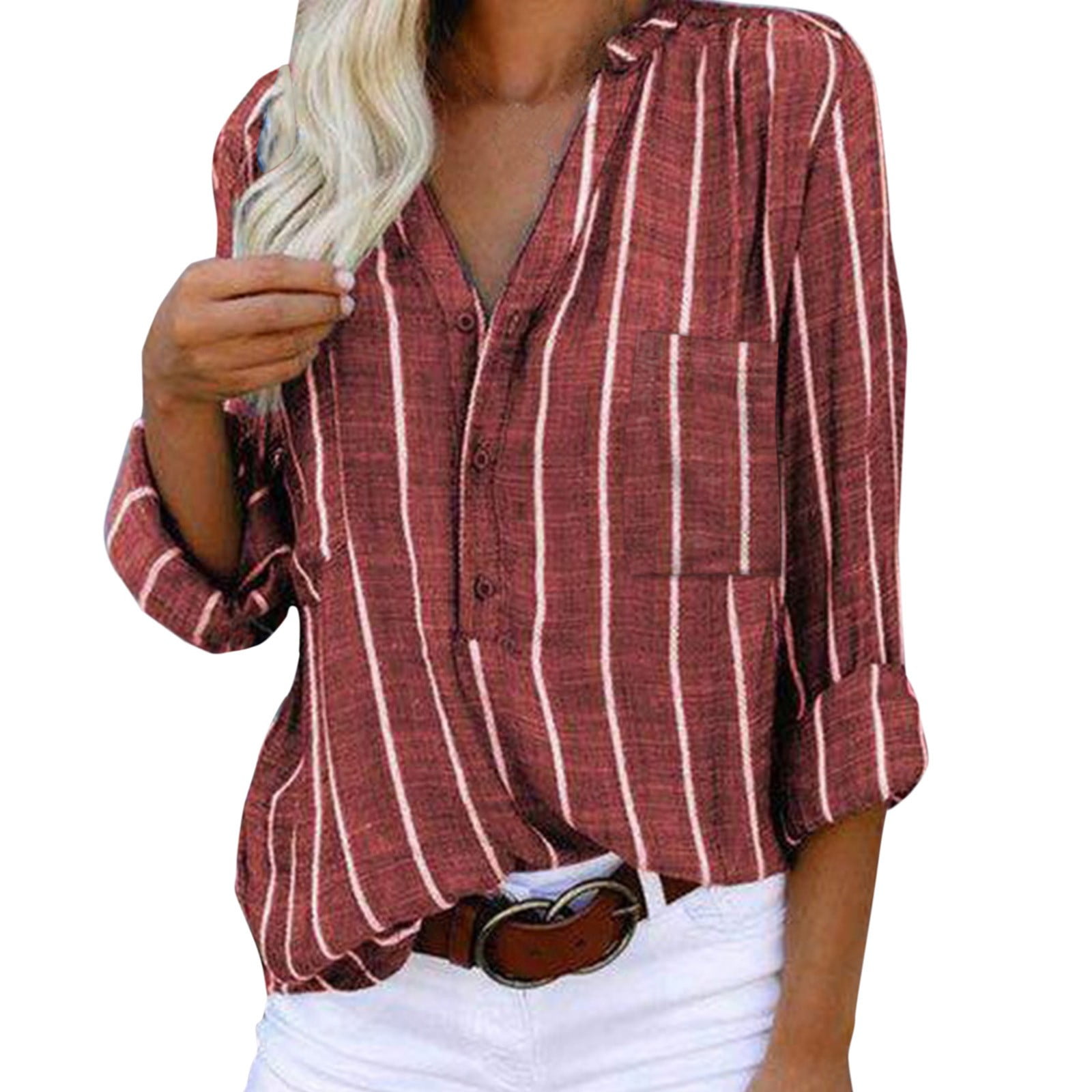 Womens Button Down Shirt Long Sleeve V Neck Dress Shirts Casual Loose