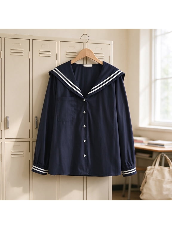 Womens Button Down Shirt Sailor Collar Blouse Long Sleeve Button Up Shirt Striped Collar Blouses for Women Long Sleeve Blouse Loose Fit Preppy Casual Work Top