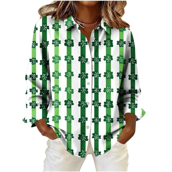 Womens Button Down Shirt St. Patrick‘s Day Print Blouse 2026 Spring Tops Casual Collared Top Lightweight Long Sleeve Clothing Irish Holiday Outfits Fashionable Work Tees
