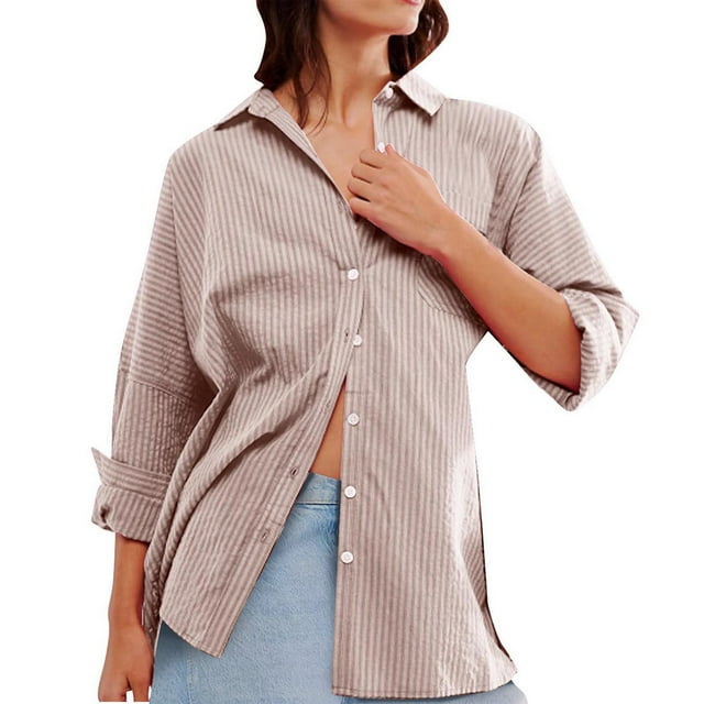 Womens Button Down Shirts Long Sleeve Oversized Boyfriend Blouses Collared Dress Tops with Chest Pocket Stripes Classic Turndown Shirts, Khaki (Medium)