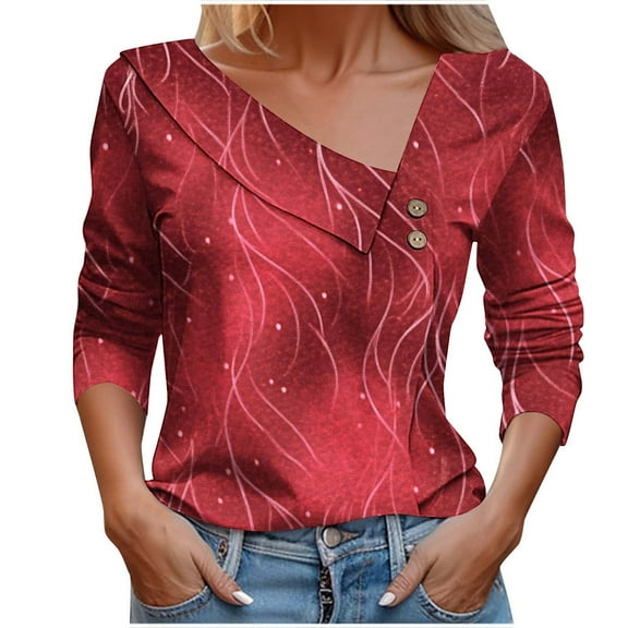 Womens Button Shirts Long Sleeve Shirt Fashion Floral Printed Blouses Casual Button-Up Loose Dressy T-shirt V-Neck Lapel Pullover Top Red M