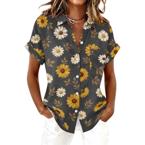 Womens Button Down Shirts Short Sleeve Floral Print Casual Blouse Tops Lightweight Loose Fit Summer Daily Everyday Wear Work Beach Vacation Casual Tops Dark Gray B S