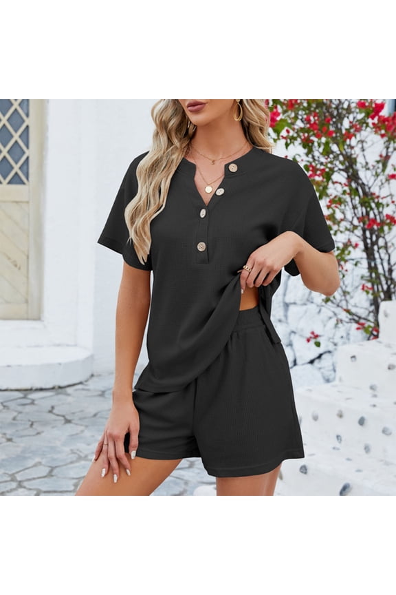 Womens Button Up Spring/summer Home Wear Solid Color Casual Two Piece Shorts Set Bathing Suit Top Women's Bathing Suit Bottoms Lap Swimming Suit Womens Swimming Shorts Dress Bikini Swimming Suit plus