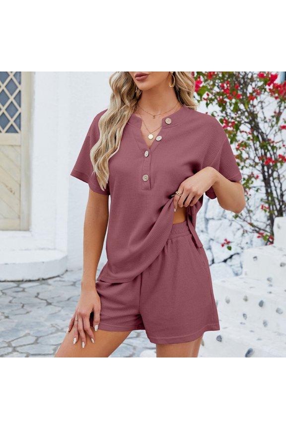 Womens Button Up Spring/summer Home Wear Solid Color Casual Two Piece Shorts Set Women Bandeau Bathing Suits plus Swimwear Cover up Womens Bikini Swimsuits plus Size Women Swimming Tops Bathing Suit