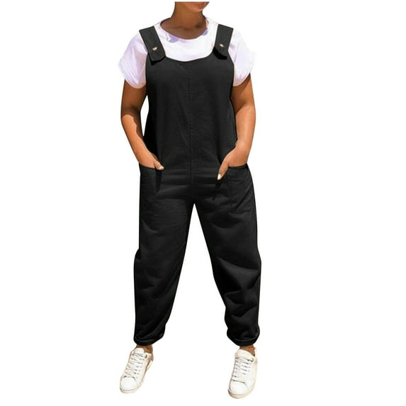 Womens Button Straps Bib Overalls Dressy Casual Loose Straight Long Pants Trousers Rompers Jumpsuits with Pockets