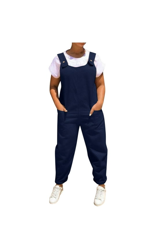 Womens Button Straps Bib Overalls Dressy Casual Loose Straight Long Pants Trousers Rompers Jumpsuits with Pockets