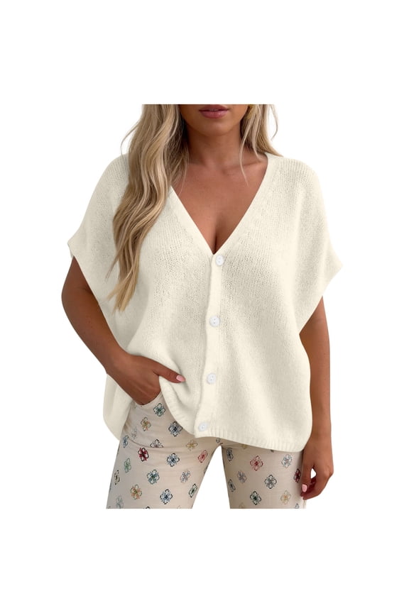 Womens Button Up Cardigan Sweater Spring Summer Acrylic Knit Soft Loose V Neck Batwing Short Sleeve Outwear Tops (L, White)