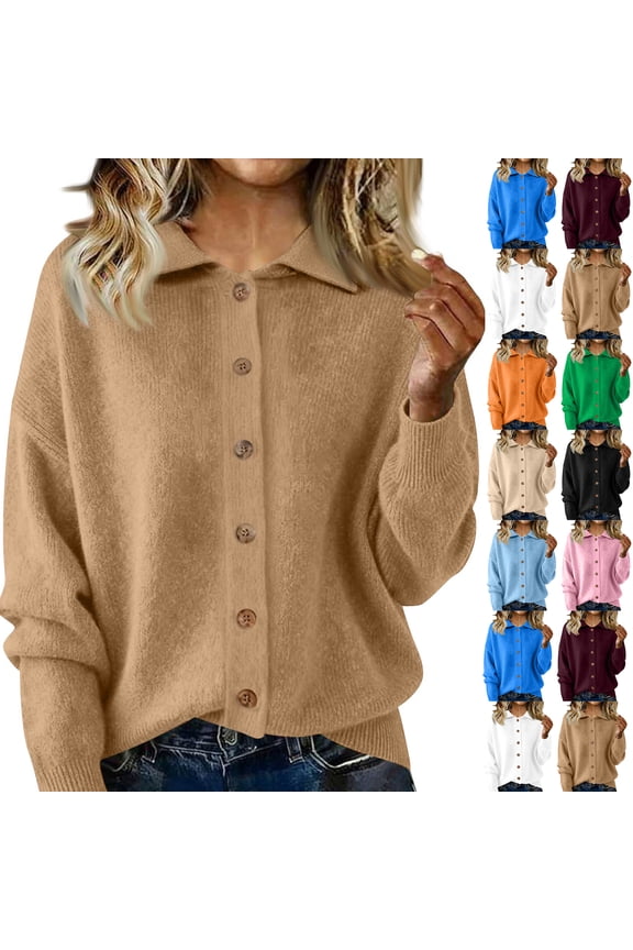 Womens Button Up Cardigan Sweaters Chunky Knit Long Sleeve Lapel Collared Tops Fall Winter Fashion Clothes Blue M