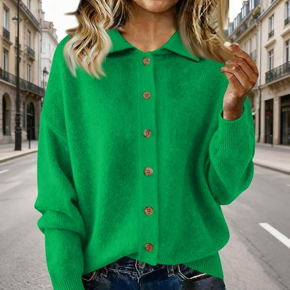 Womens Button Up Cardigan Sweaters Chunky Knit Long Sleeve Lapel Collared Tops Fall Winter Fashion Clothes Green L