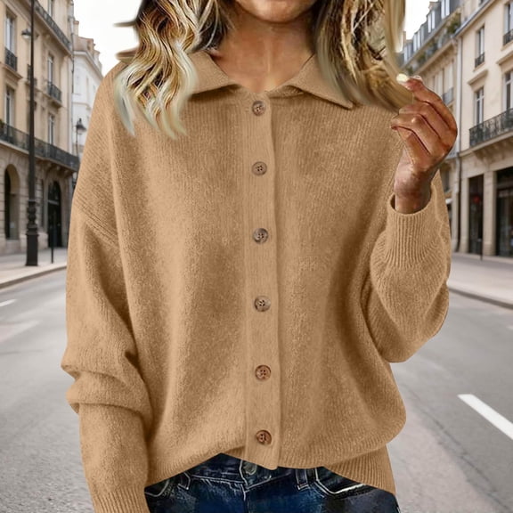 Womens Button Up Cardigan Sweaters Chunky Knit Long Sleeve Lapel Collared Tops Fall Winter Fashion Clothes Khaki M